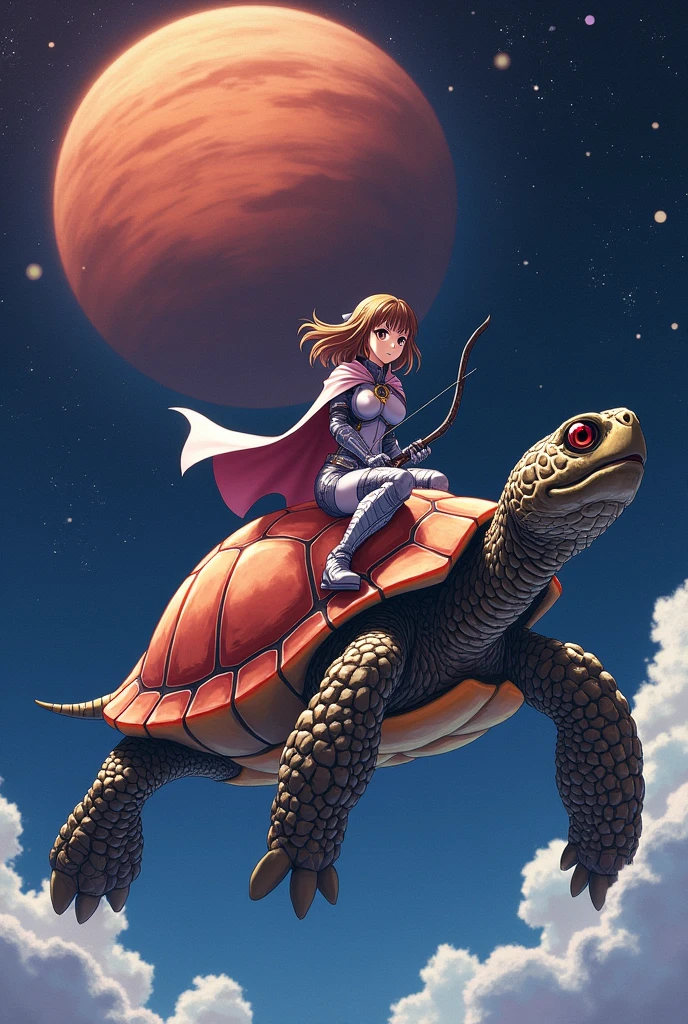 (Pictureanime) A magical turtle that has a mars as its shell, with a anime girl on it. The girl has a cape and Bow and somewhat armored. 
the turtle should be the main forcus and the girl can be seen on its head riding it. There should be no clouds or anything since they are in the middle of the galaxy and the background include stars and a planet representing what the turtles element is. Since its mars the turtle should be almost water based like an elemental and they should be facing us The planets should be closer to the theme, like they are in the center
