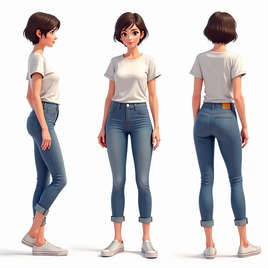 Detailed character sheet, Front view, Side view, Diagonal view, with a white returnground, show women, 30 years old, with short dark brown hair combed return, Light casual clothing, Wear tight denim jeans. The seat includes different angles, Front desk etc..., return, and Side views, Models and Reference Sheets, Full body paint. This ratio is based on 7.5 Head Scale.