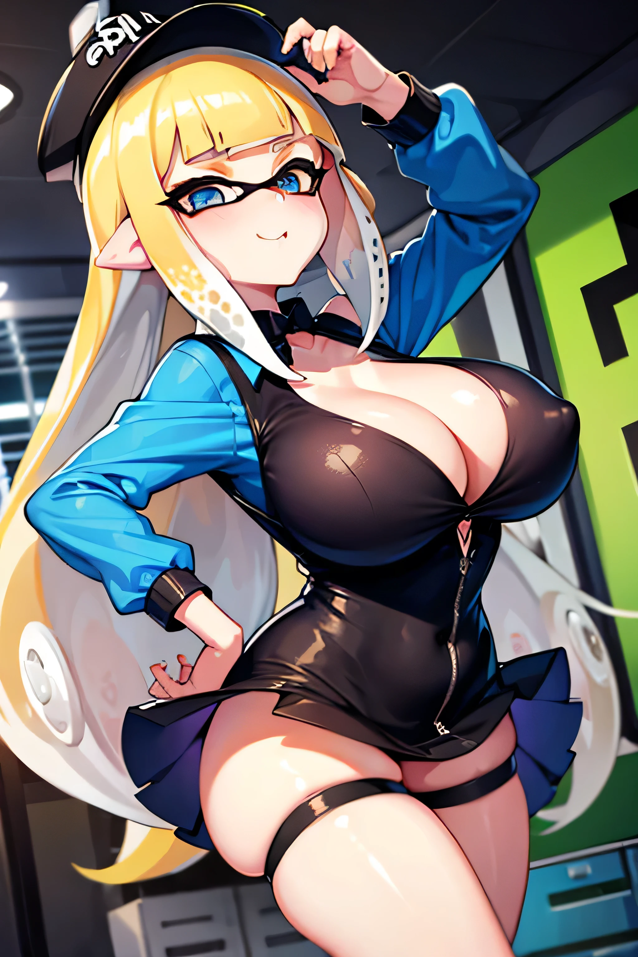 inkling girl, blonde, Splatoon2, blue eyes, sexy, blouse, big breasts