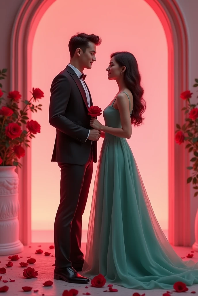 MAKE THE BACKGROUND PINK WITH LIGHTS. THERE SHOULD BE TWO 24 YEAR OLD YOUNG PEOPLE, THE BOY SHOULD WEAR SUITS, THE GIRL SHOULD BE IN TURQUOISE GREEN DRESSES. LET THERE BE A ROMANTIC ENVIRONMENT, LET THE MAN HAVE A ROSE IN HIS HAND, LET THERE BE ROSE PETALS ON THE GROUND, WRITE "TUGBA ARAZ" IN CRYSTAL FORM WITH A 3D LOGO. WRITE "HAYATIMIN ANLAMI" WITH A DIFFERENT LOGO.
