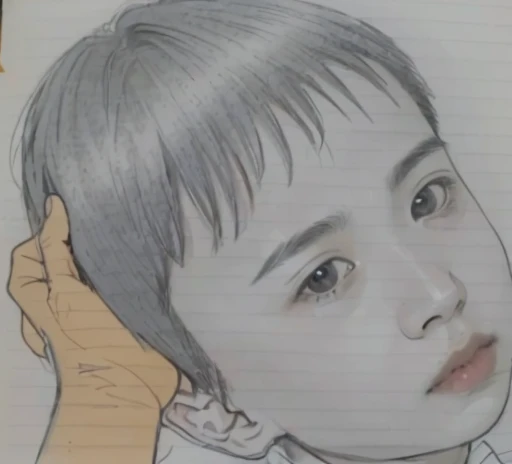 picture of a young boy with a medal around his neck, Detailed face of asian boy, by Ayako Rokkaku, Inspired by Takeharu Matsumura, By Yasutomo Oka, Pencil sketch, Close-up portrait, By Yuki Ogura, Inspired by Huang Gongwang, Based on a child's picture, picture、Generate a color photo。more more more、Generate it with a smile。Make the cheeks fuller and create nasolabial folds。A cute 3 year old boy、Smile and laugh、From the nostrils to the mouth、I have nasolabial folds on both sides.、Generate a brighter smile。