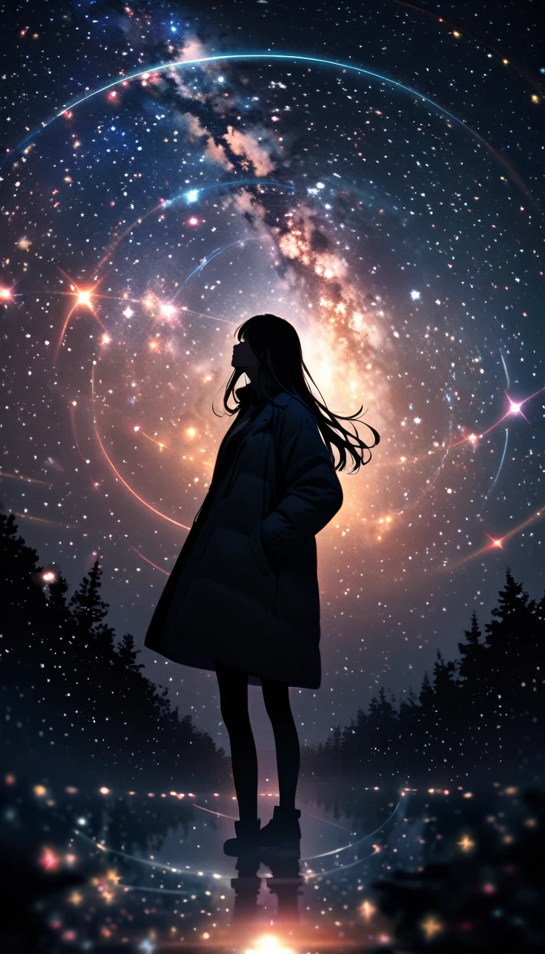 Many stars shine beautifully in the winter night sky., Long exposure of the starry sky、Many circular orbits are visible in the image., Silhouette of a young woman with long hair、Put your hands in your coat pockets、Looking up, Photo taken from a distance, Picture below
