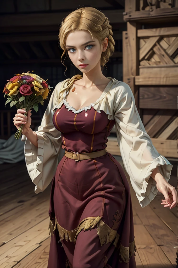 sparkling glossy blue big eyes, blue eyes, (great proportion:1.2), (medium sharp breast:1.2), 8k, realistic cartoon, young girl, masterpiece, standing, cowboy shot, arms at sides, slim figure, curvy girl, beatrice1, 8k, deep realistic shadows, detailed eyes, (full body shot:1.3), (high quality), high detailed background, masterpiece, high detailed face, high detailed finger, (golden blonde hair:1.4), slim waist and hips, long fit slender legs, accurate medium breast, (realistic style), clothes in the fashion of the 1920s, italian noble girl, automn mediterranean cityscape, gloomy girl, dressed in a long and tight dark coat, hold in hands bouquet of flowers