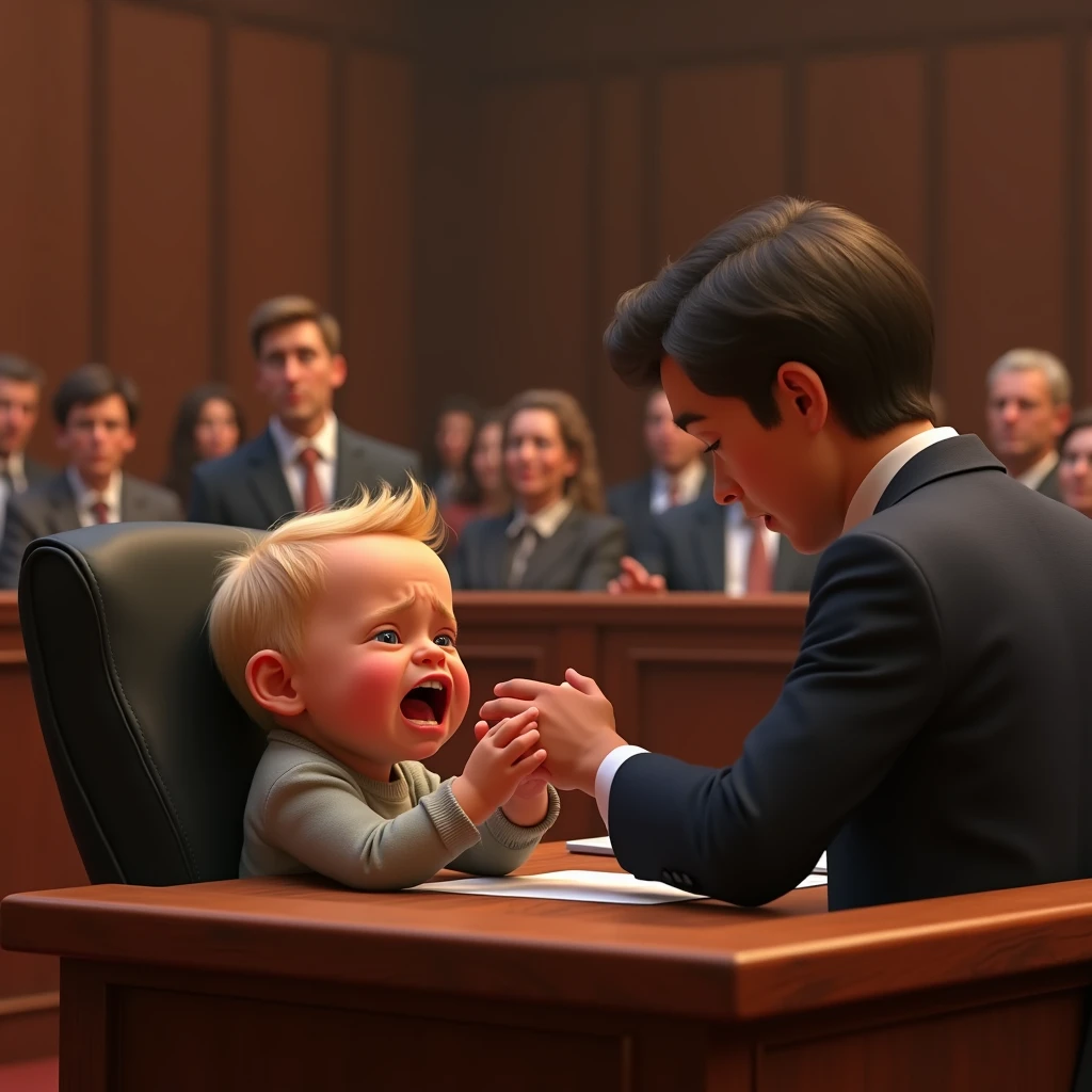 Im Stil von Pixar 3D- The animated film. A  with blond hair sits in the dock in court and cries and screams. A lawyer sits next to him and desperately holds his hand in front of his face.