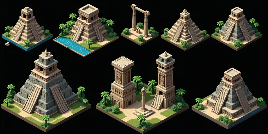 a close up of several different temples, detailed pyramid temples, small temples, Pyramids and temple details, isometric temples, prerendered isometric graphics, pyramids with obelisks of the water element, game assets, isometric game feature, large temples, Isometric views, temple background, isometric game art, temples detailed in detail, 3D Renderings