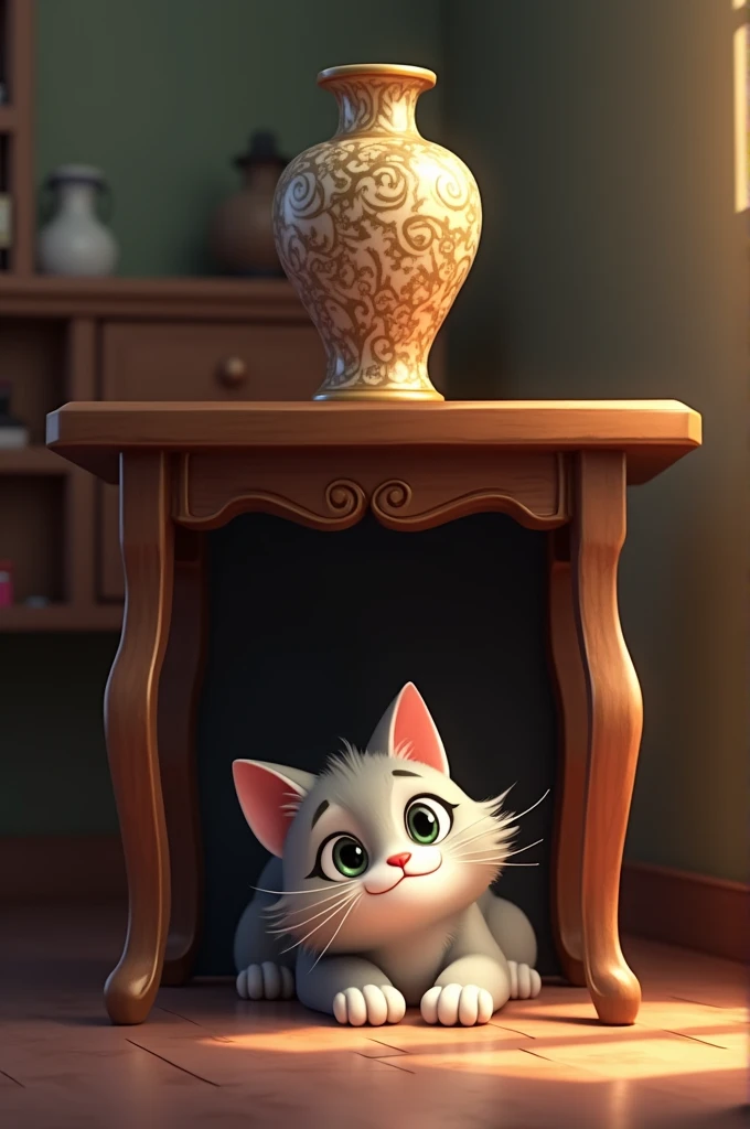Cat under the table on the vase