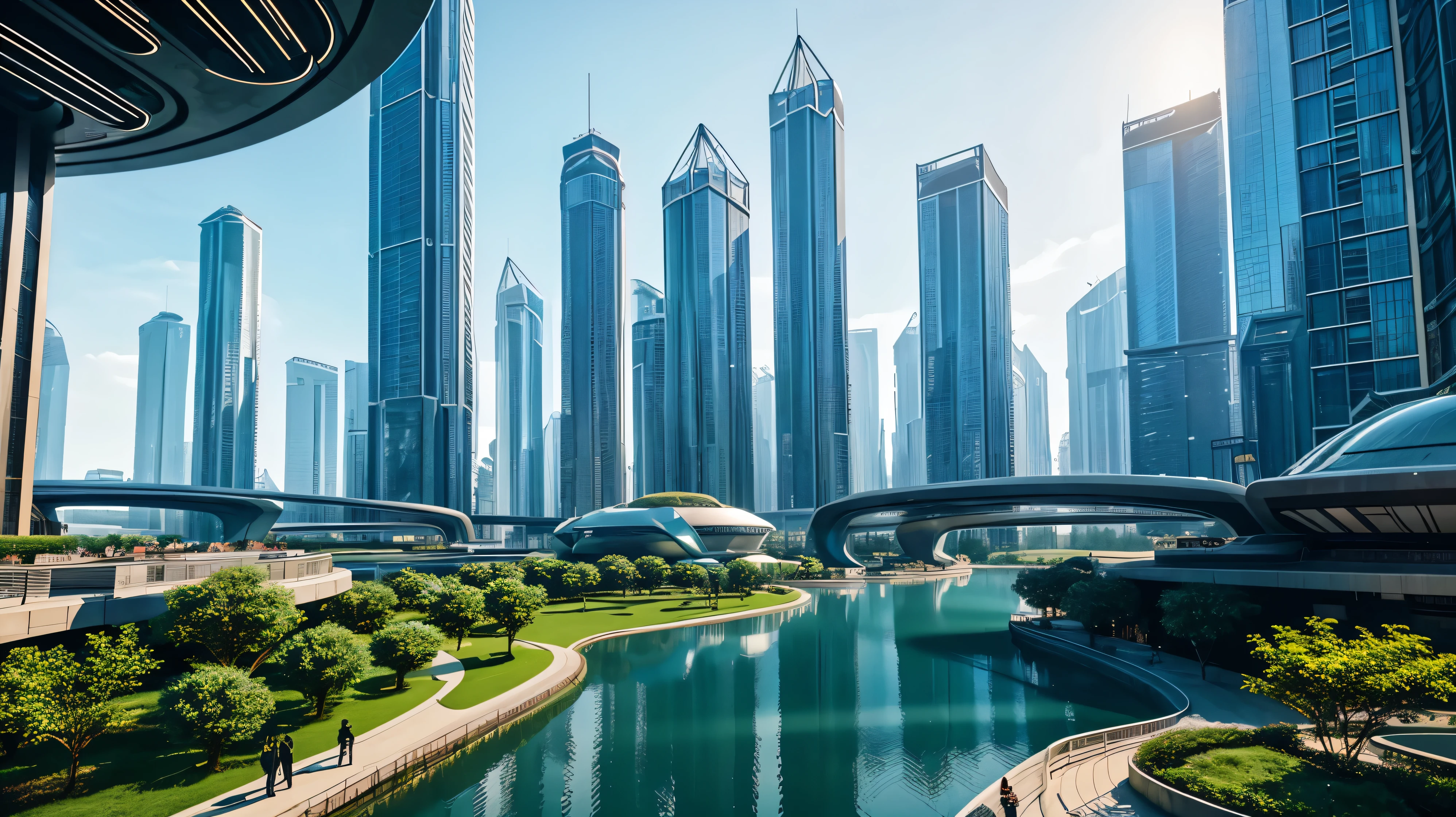 scifi, beautyful futuristic park, architectual, organic skyscraper, space design, cyberpunk, futuristic, lake, people, hightech, hard-surface design, daylight, much tech, much electronic, very cozy, ambient light, realistic view, wide angle, year 2224
