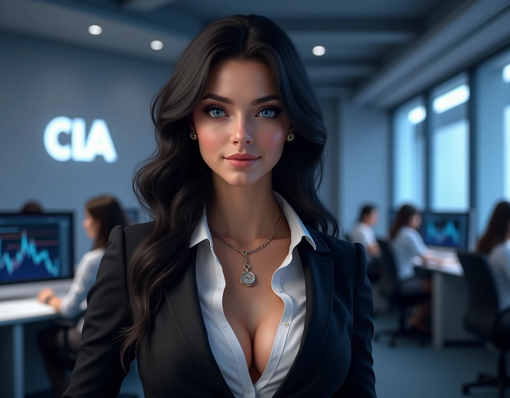 "Create a portrait of an attractive girl with dark hair, a snow-white smile, an athletic build and huge blue eyes. She has large, erect silicone breasts and her nipples stick out through her business clothes.. She should have a confident and inviting expression on her face., she should be dressed sexy. Design must convey professionalism, trust and innovation, and subtle elements of digital technology or blockchain in the background should highlight the company's technological focus. The overall look should be stylish., professional and attractive. The background is an office where employees sit and analyze cryptocurrency charts on their computers., On the walls there is the company logo, 3 large letters CLA and a clearly legible inscription Cripto labs analytics»