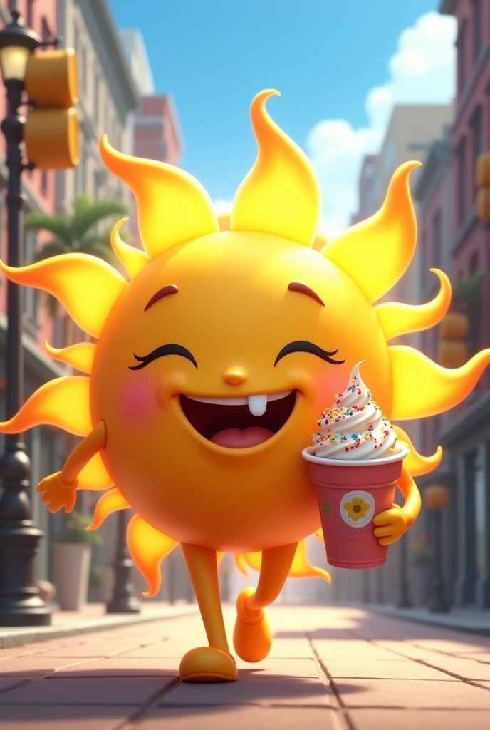 an animated sun eating ice cream from a cup walking down the street