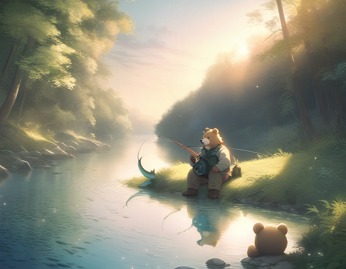 ((Masterpiece)), ((Best Quality)), (Very Detailed), ((Very Detailed)), 4K, (8K), very aesthetic, absurdres highres, 1 man, (anthropomorphic Bear, furry, kemono:1.5), This scene captures the moment an angler holds a fishing rod and catches a fish on a riverside surrounded by natural green and blue tones. The light of the setting sun illuminates the whole area warmly, and the anglers are wearing fishing hats, fishing vests, long-sleeved shirts, and pants. The fishing rod has a detailed depiction of the reel, fishing line, and hook. The fish I caught was a bass, whose scales reflected the light and sparkled, and the river water was clear and flowing.