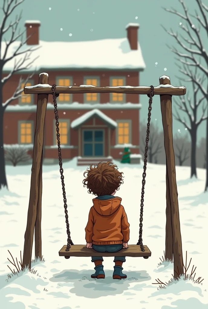 Very simple drawing of a 7 year old orphan boy with curly hair sitting on a swing outside a school during Christmas time 
