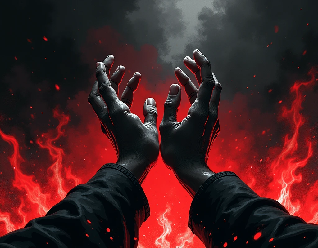 Hands shaking in pain, with fire and smoke around them, the image is in black and white, with red details, the type of image is comic noir style
