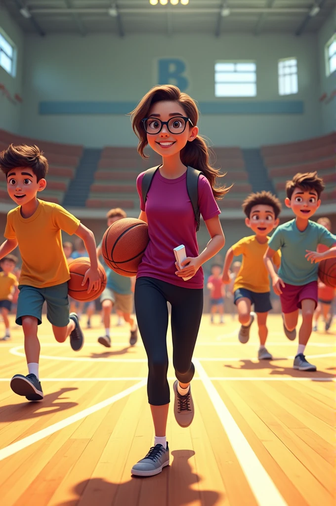 Create an image of students running around the court with a large hoop in their hands chasing a classmate. The female physical education teacher with brown hair, ponytail, glasses, black pants, and a fuchsia shirt named YADIRA with her notebook and whistle giving instructions.