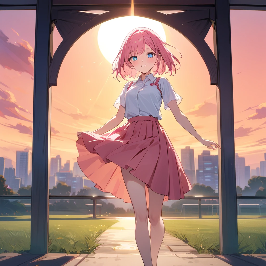 (1 girl),(Best Picture Quality, 8K, Masterpiece:1.4), (high school student:1.5), ((pink lob hair:1.2)), (soft bob cut, swept bangs:1.2), (vivid skyblue eyes, large pupils:1.3, youthful expression), (mole under right eye:1.1), (smooth glistening pale skin:1.3), (slim but healthy body:1.2), (small breasts),(big hip:1.2),
BREAK
outfit: summer uniform, white short-sleeve blouse with a slight sheen, soft pink pleated skirt, hem swaying slightly in the breeze, white sandals with delicate straps, BREAK
pose: standing, arms raised with joy, hands open and reaching toward the sky, feet slightly apart, weight on left leg, right foot pointing outward, head tilted slightly to the right,
BREAK
expression: radiant smile, eyes slightly squinting from the brightness, cheeks softly flushed, conveying pure happiness, soft strands of hair lifted by the breeze,
BREAK
lighting: warm golden hour light from behind, creating a strong backlight effect, subtle lens flare around the sun, glowing outline around her figure, soft shadows on her face and body,
BREAK
environment: standing in an open park at sunset, vibrant orange and pink hues in the sky, distant trees blurred softly for depth, distant cityscape visible, evening atmosphere enhanced by gentle breeze.