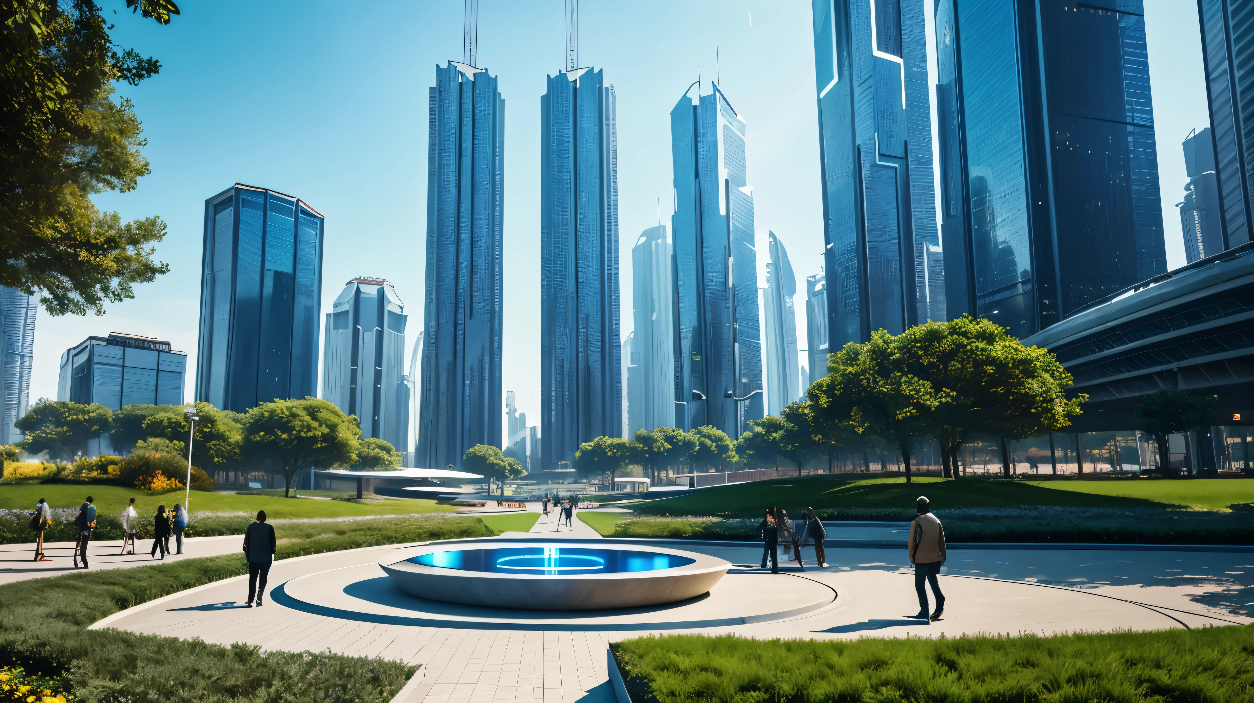 scifi, beautyful futuristic park, architectual, organic skyscraper, space design, cyberpunk, futuristic, lake, people, hightech, hard-surface design, daylight, much tech, much electronic, very cozy, ambient light, realistic view, wide angle, year 2224