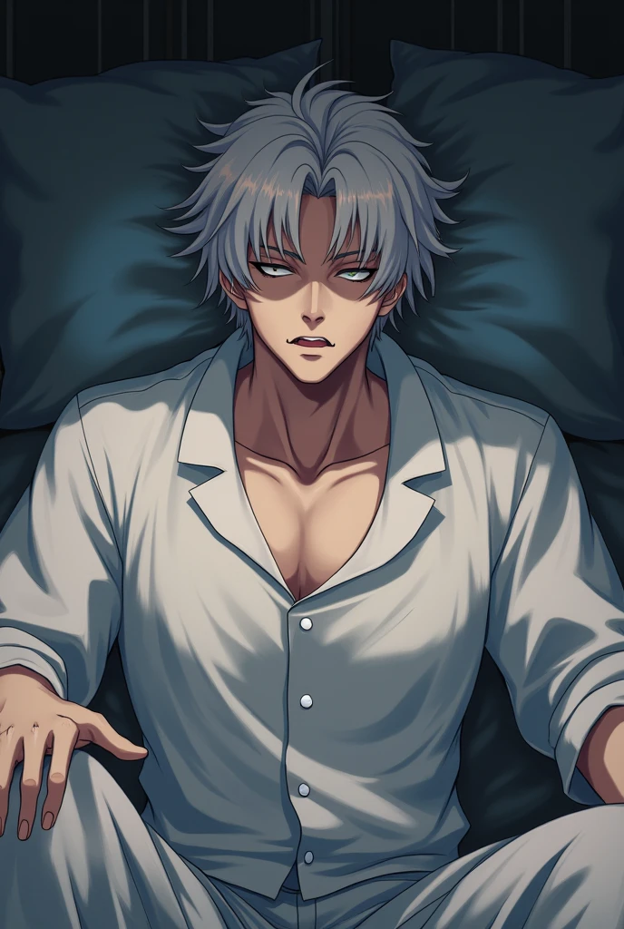 Anime character, male, killua from hunter x hunter, fully naked, sexy toned body, showing his big uncut hard horny dick, laying on a bed, with cum splatters all over his body