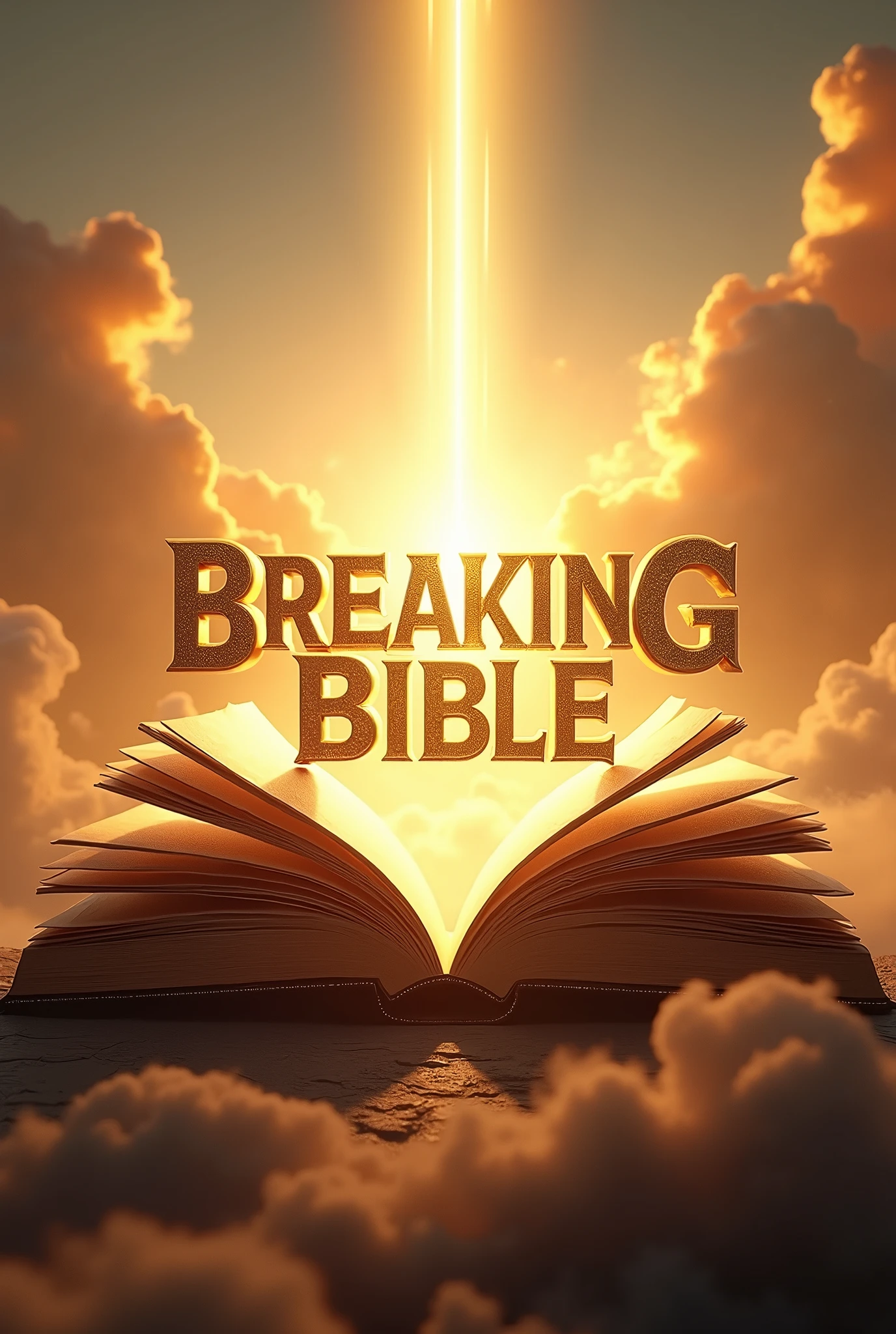 /imagine prompt: A 3D cover for a religious YouTube video titled "BREAKING BIBLE," with the title in gold letters floating in front of a torn Bible. The Bible is open and torn in the center, with torn pages extending outwards, creating a dynamic effect. The background is a heavenly landscape with golden clouds and rays of divine light emerging from behind the Bible.. The perspective is in the foreground, focusing on the details of the torn Bible and the gold lettering of the title. --AR 16:9 --stylize 100 --v 6.0 
