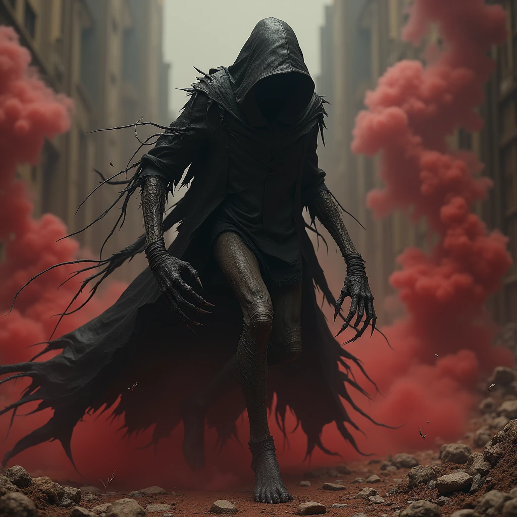 A Serotonin-Addicted Scarecrow Assassin With A Black Hooded Cloak Of Intricate Tattered Pieces Of Tanned Red Leather Who Leaps On His Prey Like A Nightmare. Smoke Gas Red Rusty. Madness Black Nightmare Ochre. Needle.