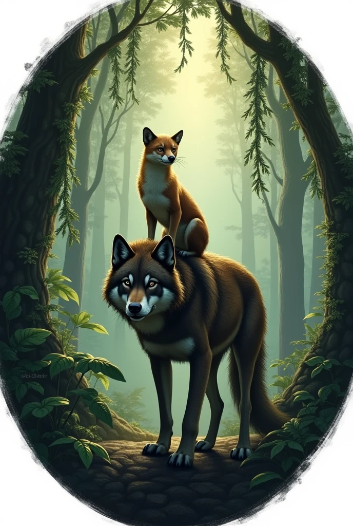 a weasel on top of a wolf in a rain forest, everething inside a cicle and the name of the bran "wolf tracks and weasel trails"