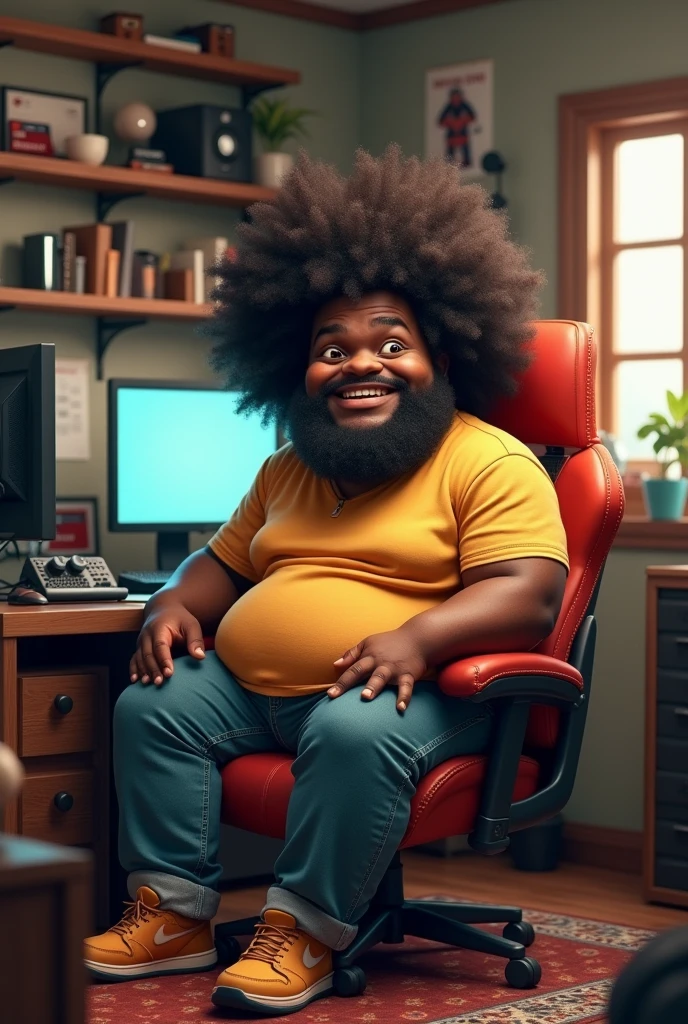Create a guy in a chubby studio on a pc gamer afro hair sitting in his chair