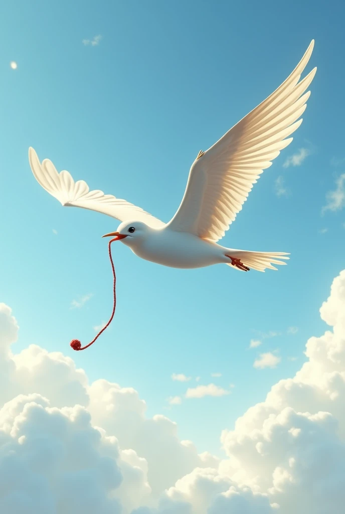 Create a drawing of a bird flying with a needle and thread in its beak