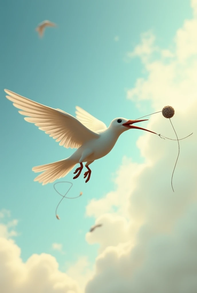 Create a drawing of a bird flying with a needle and thread in its beak