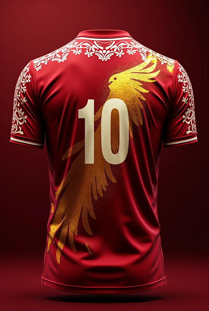 Dark red team shirt with white INDIGENOUS details all over the shirt and a golden macaw disintegrating behind with the number ten on top 


