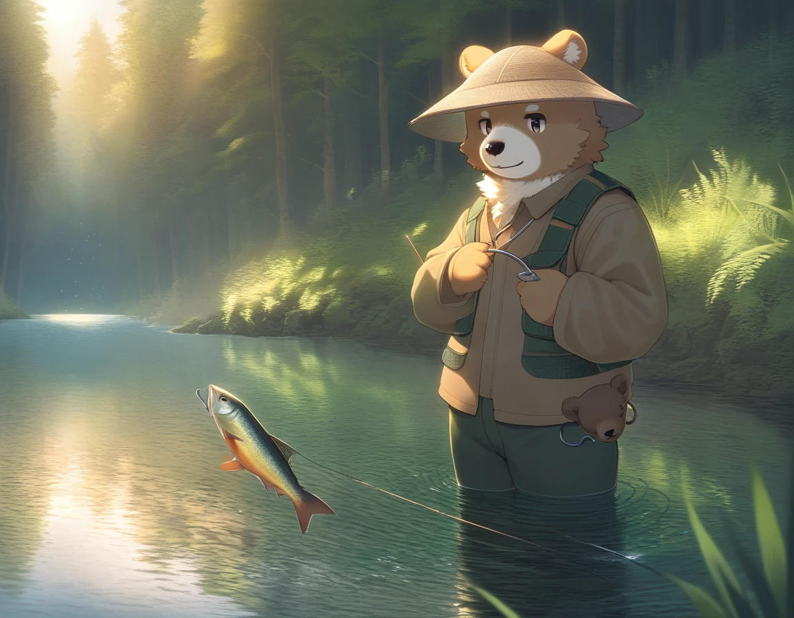 ((Masterpiece)), ((Best Quality)), (Very Detailed), ((Very Detailed)), 4K, (8K), very aesthetic, absurdres highres, 1 man, (anthropomorphic Bear, furry, kemono:1.5), A scene in which a fisherman catches a fish in a river surrounded by a lush green forest and illuminated by the setting sun. The angler is wearing a fishing hat, fishing vest, long-sleeved shirt, and pants, and his facial expressions are realistically depicted. The fishing rod has a detailed depiction of the reel, fishing line, and hook. The fish I caught was a salmon, and its scales reflected the light and sparkled. In the background, a quiet lake spreads out, and the water is clear and flowing quietly. The overall atmosphere is peaceful and relaxing.