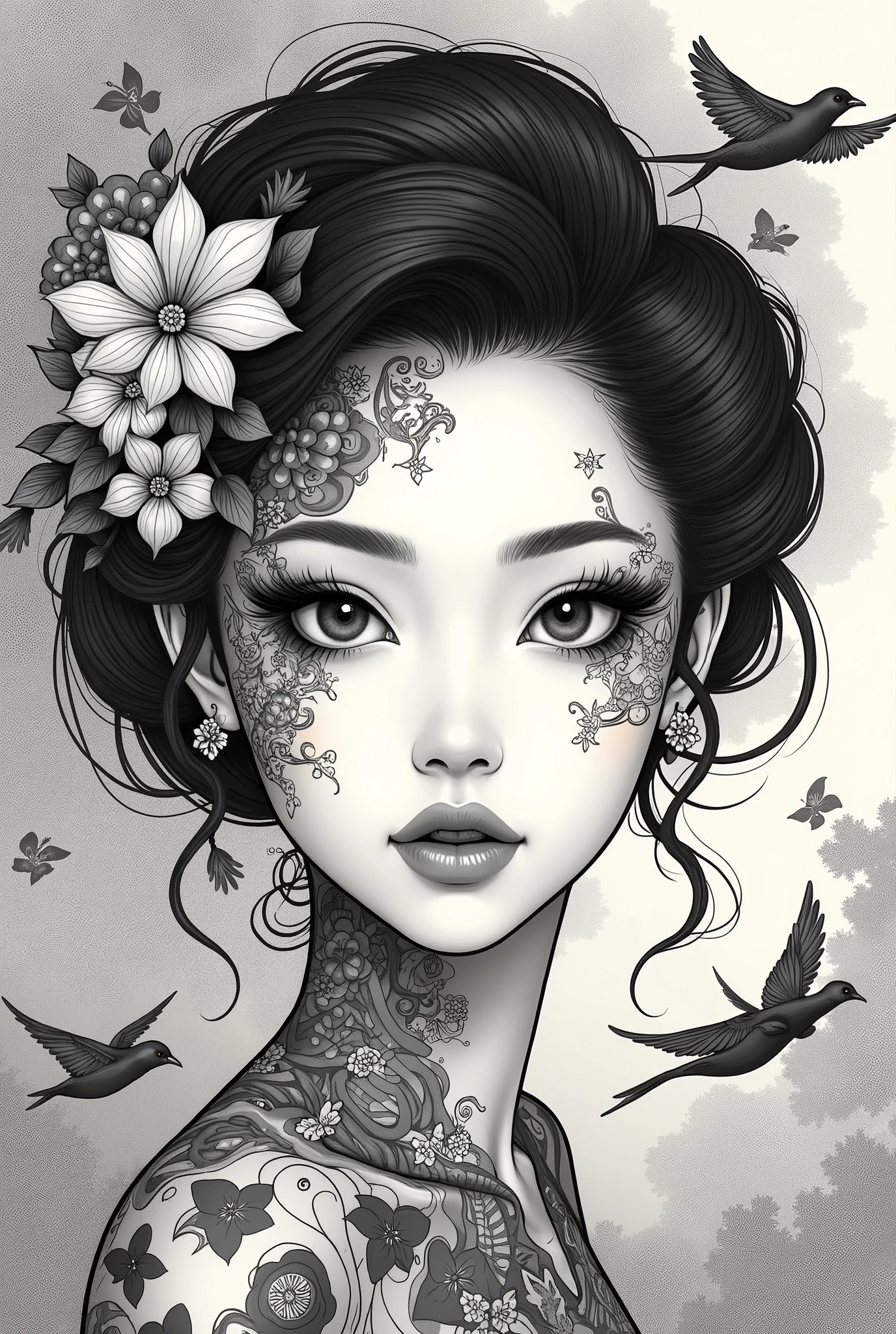 ((best quality)), ((masterpiece)), (detailed), ((perfect japanese face)), surreal, art nouveau, sparrows, fantasy, sci-fi, line drawing, japanese, traditional, vintage, elegant, chic, sophisticated, tattooed face, black and white, in the style of french illustrator moebius,