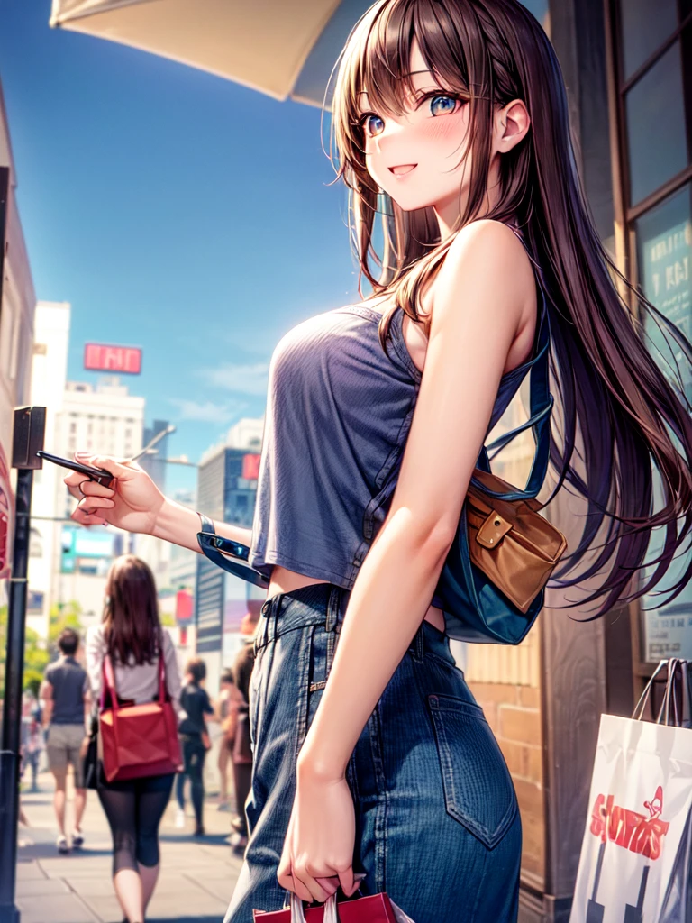 ((masterpiece)), ((best quality)), (ultra-detailed), ((kawaii)), cute, (lovely), ((extremely detailed)), 4K, (8K), best quality, (beautiful), photorealistic, body shot, dynamic pose, urban, summer day, young woman, a cute girl, 1girl, solo, college student, shopping, spree stylish attire, bright city streets, joyful energy, colorful bags, trendy shops, (beautiful hair), brown hair, (beautiful eyes), laugh, blush, natural lighting, ambient light, long shadows,