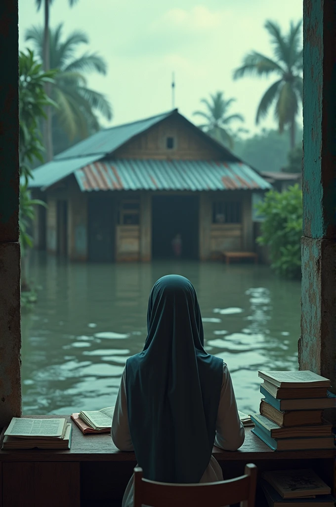 A teenage girl wearing muslim dress....she is alone...she cant concentrate on studies..her books are open...but her mind is diverted...she is imagining  in her mind....that her muslim mom and dad are alone home...they are in danger...their house is in flood...their tin shade house is drowning...her parents ar terrified and crying