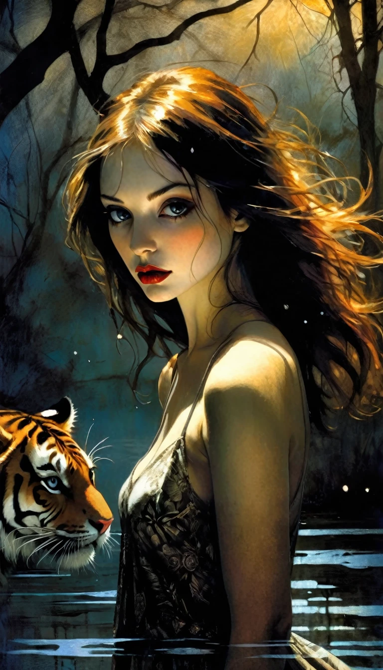 sexy girl and her pet tiger, sexy dress, next to a lake, a tree, a magical night with stars, loving (best quality, 4k, 8k, high resolution, masterpiece: 1.2), ultra detailed, (realistic, photorealistic , photorealistic : 1.37), intricate details, vivid colors, sharp focus, professional, artwork by Dave McKean, surreal oil touch, oil painting style, portrait, woman, beautiful detailed eyes, beautiful detailed lips, dreamlike atmosphere , shadow play, soft lighting, fun. pose, dark tones, ethereal background, fantasy elements, texture, layered composition. art inspired by Bill Sienkiewicz and Dave McKean