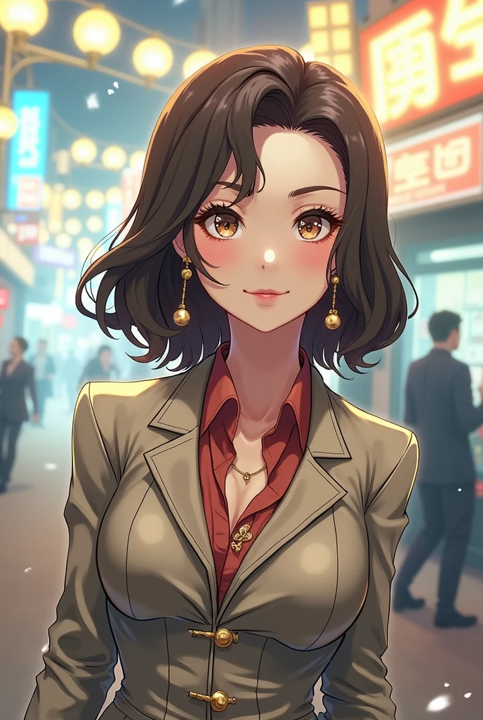 gorgeous young woman, short black hair, eyes browns, empress,pleated skirt suit,street lamps,neon,busy street background,(へそ:1.1,princess eyes), nobility, royaltly, high qualiy, work of art, highy detailed