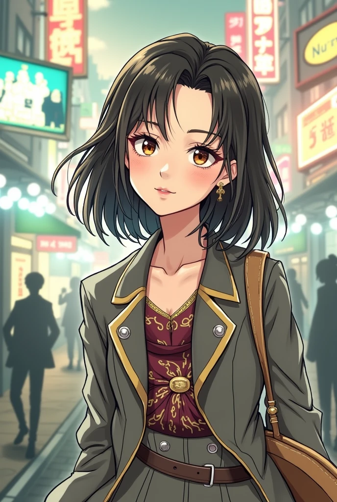 gorgeous young woman, short black hair, eyes browns, empress,pleated skirt suit,street lamps,neon,busy street background,(へそ:1.1,princess eyes), nobility, royaltly, high qualiy, work of art, highy detailed