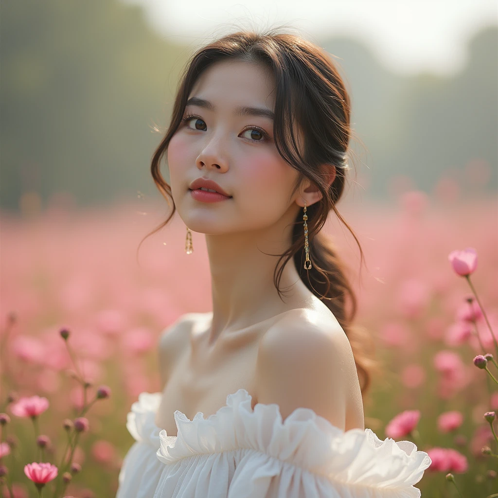 Best quality, masterpiece, ultra high resolution (photorealistic: 1.4), raw photo, 1 girl, white dress, bare shoulders, field of pink flowers in bloom, glowing skin, slight smile, Naked woman in white coat, middle-aged woman, beautiful woman, open body, light autumn rain, fullbody portrait