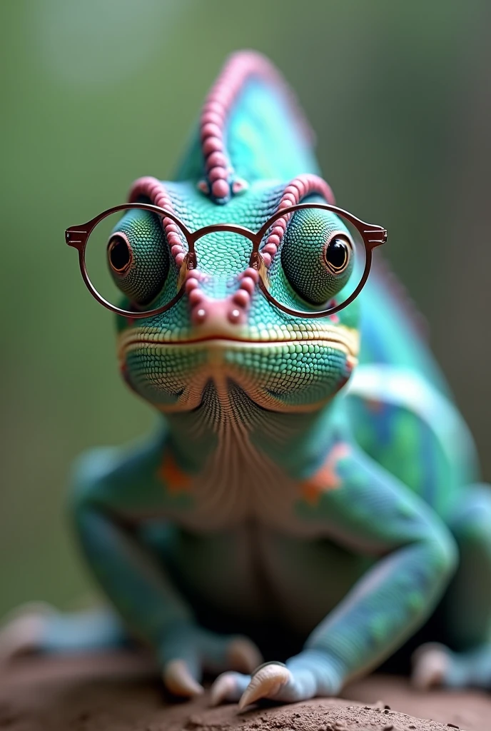 A realistic chameleon, fullcolor, wearing glasses and relaxed