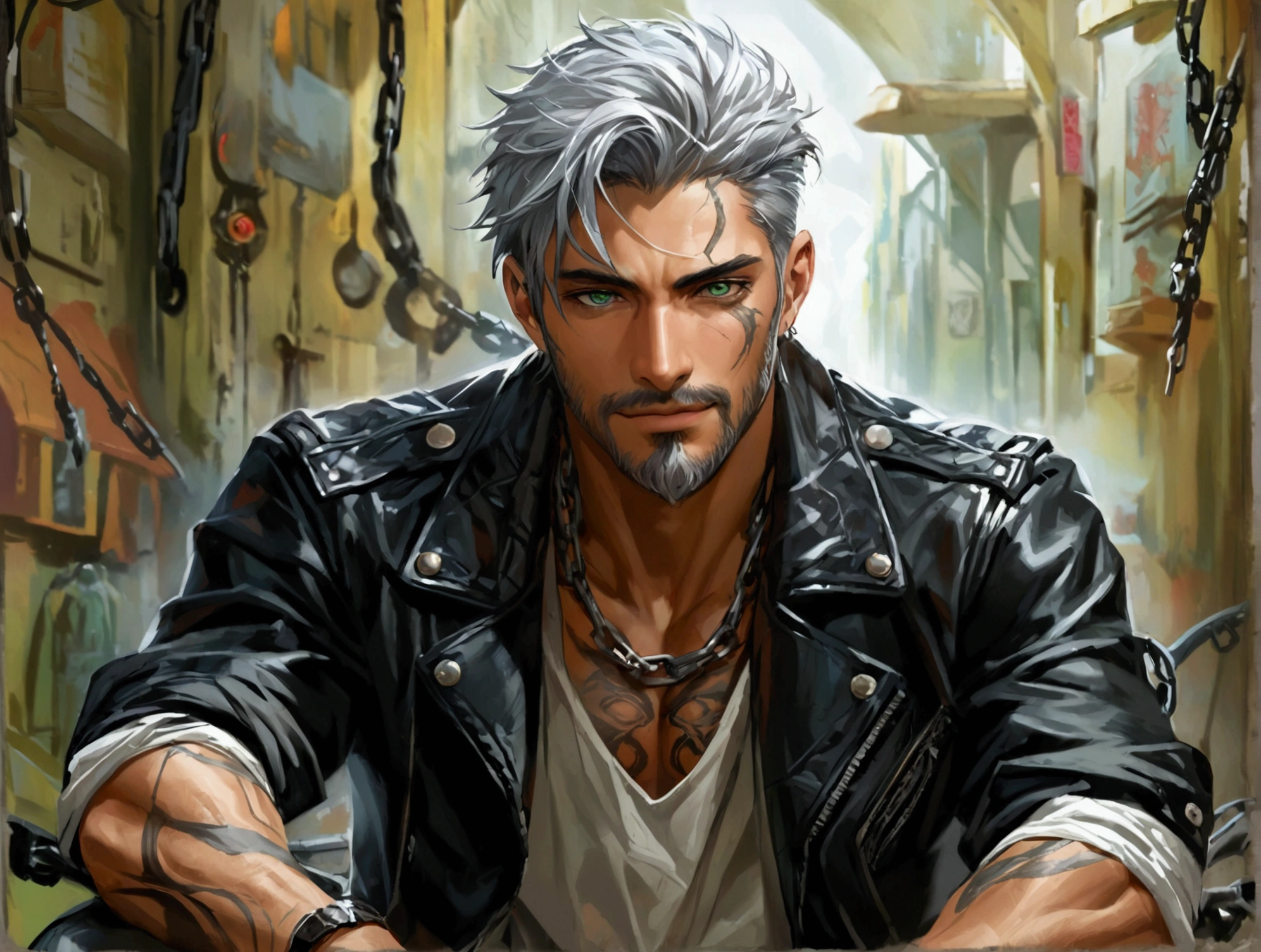 Realistic Digital Painting with Concept Art Elements"," digital painting," "concept art," "realistic," "high detail", "muscular",, "high-res", "ominous aura,", "8k resolution", "oil painting", "darker tone" , "little saturation" ,"dark feeling", "concept art" , "detailed features" , "detailed eyes" "1man" , "short beard black" , , "sitting" , "attractive", (masterpiece), best quality, expressive eyes, perfect face, Male, Silver hair, green eyes, ,black leather jacket, black pants with chains, portrait, white t-shirt, handsome, nonchalant and tired, sexy, muscular, scars across chest, biker, smiling and luaghing
