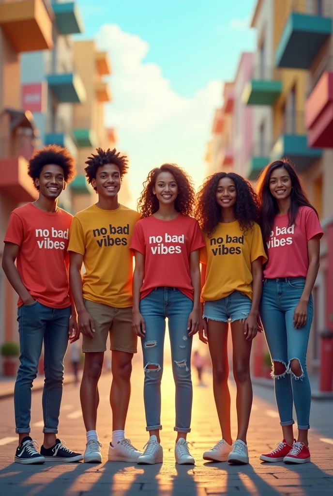 5 people wearing t shirts written no bad vibes