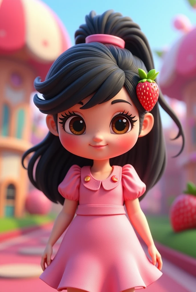 Create a character and base it on Vanelope von Schweetz from Sugar Rush in Wreck-It Ralph , in a candy world, make her have a feminine pink dress, long black hair with strawberry clips with cream and chocolate and a high ponytail held by a donut hair tie, the donut ponytail and strawberry clips are very important, White skin, small nose, pink cheeks with dimples, bushy eyebrows, big brown eyes, long eyelashes, let it be tender, similar to Vanelope, What is a girl, low, that the cartoon style looks like, that is almost identical to Vanelope, chubby girl, story, She is a  girl 