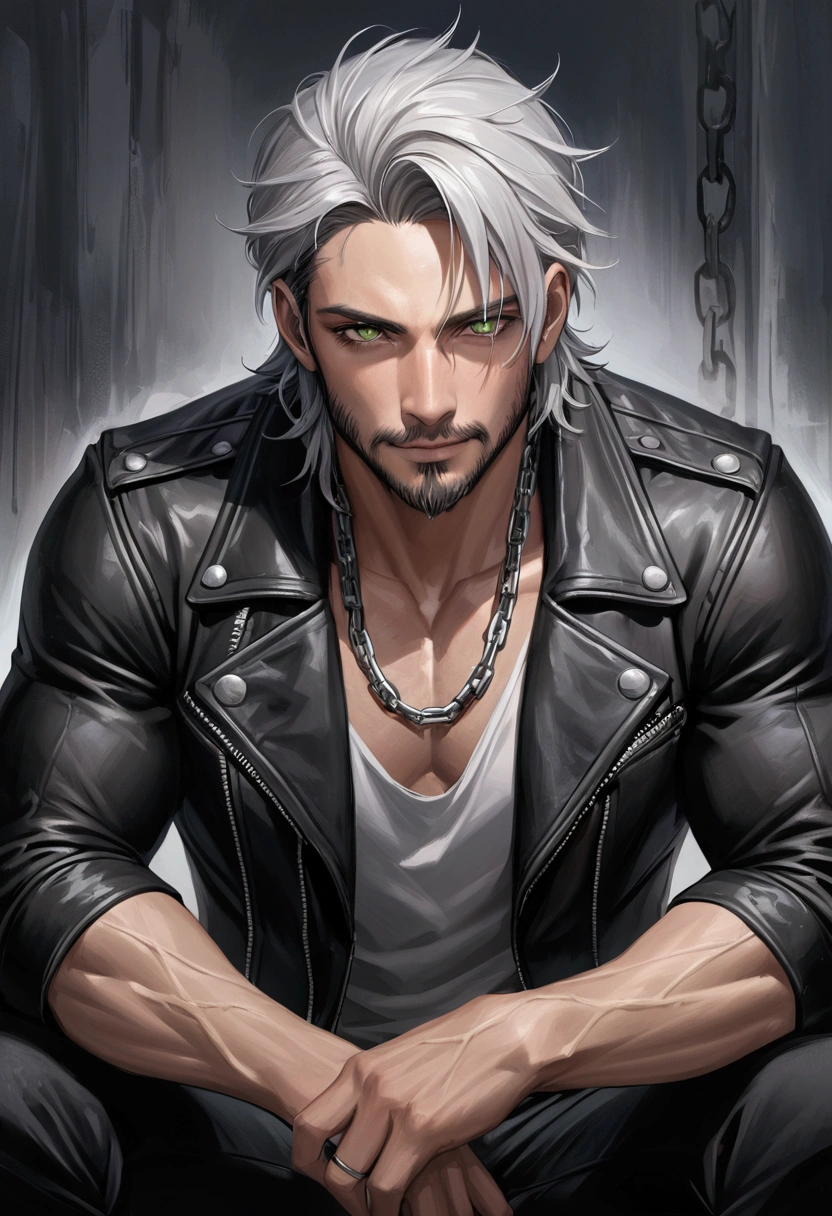 Realistic Digital Painting with Concept Art Elements"," digital painting," "concept art," "realistic," "high detail", "muscular",, "high-res", "ominous aura,", "8k resolution", "oil painting", "darker tone" , "little saturation" ,"dark feeling", "concept art" , "detailed features" , "detailed eyes" "1man" , "short beard black" , , "sitting" , "attractive", (masterpiece), best quality, expressive eyes, perfect face, Male, Silver hair, green eyes, ,black leather jacket, black pants with chains, portrait, white t-shirt, handsome, nonchalant and tired, sexy, muscular, scars across chest, biker, smiling and luaghing