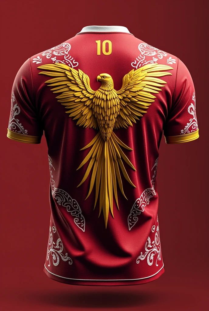 Dark red team shirt with white INDIGENOUS details throughout the shirt and a golden macaw open at the back with the number ten on top 

