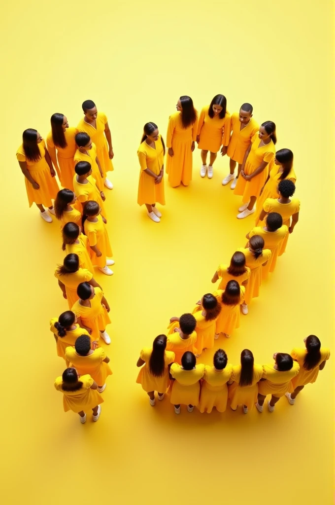 photo of people seen from an angle almost from above dressed in yellow forming the number twelve