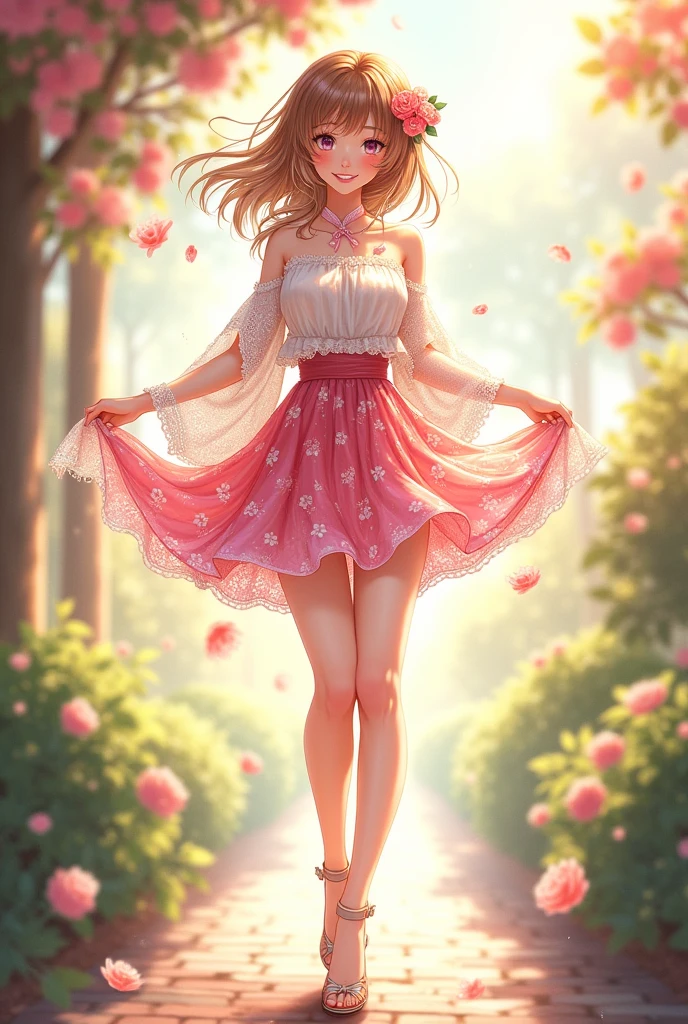 Ultra high quality,High heel,Lace Shawl,Smile,Sunlight,Pink floral skirt,Wear flowers on your head,charming,Ribbon,High heel,Long legs,student