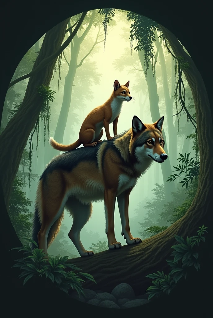 a weasel on top of a wolf in a rain forest, everething inside a cicle and the name of the bran "wolf tracks and weasel trails"