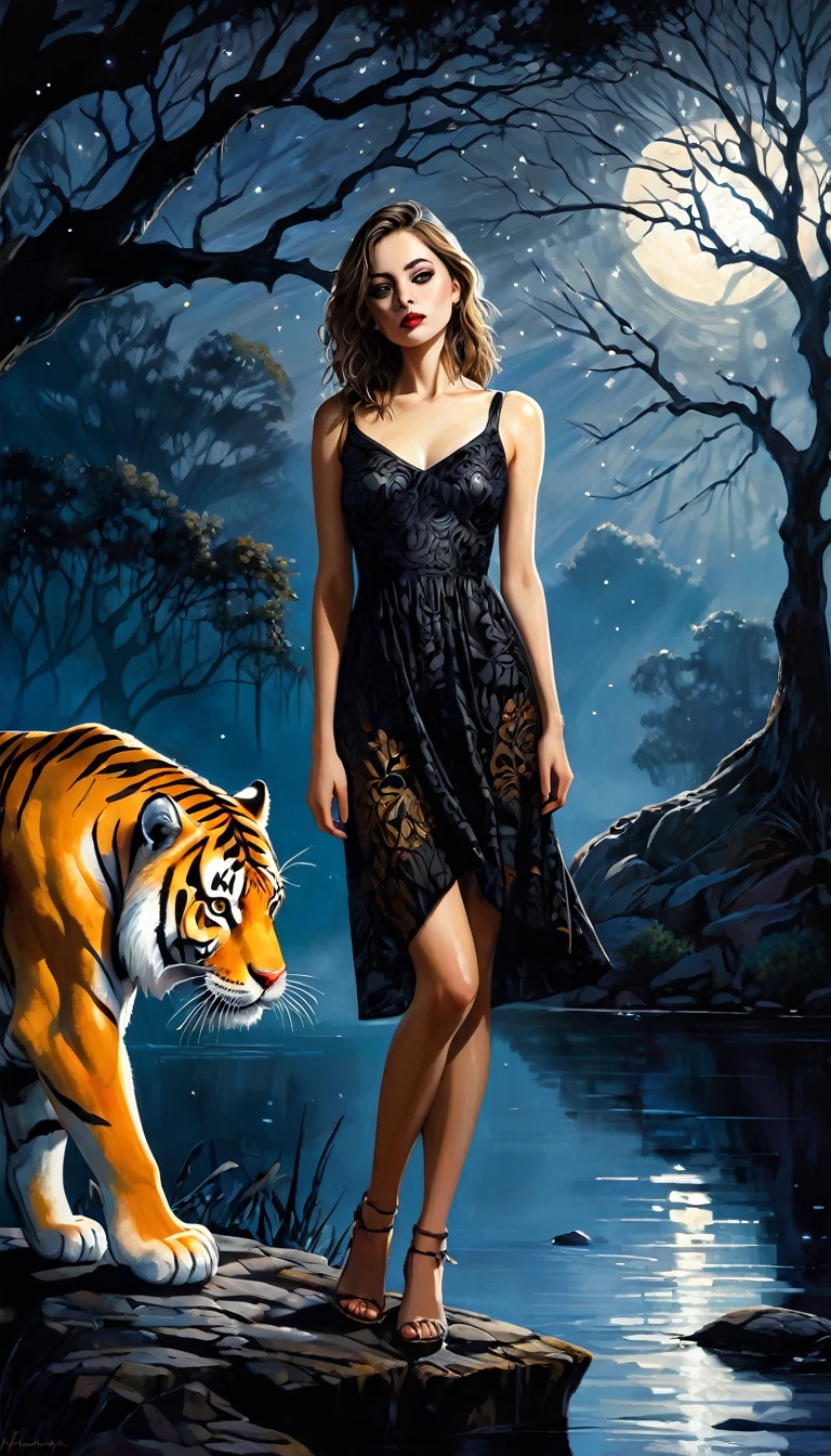sexy girl and her pet tiger, sexy dress, next to a lake, a tree, a magical night with stars, loving eroticism, sexy, black and white image, between shadows, oil painting, chiaroscuro, sensual, dramatic lighting, moody atmosphere, photorealistic, intricate details, masterpiece, ultra-detailed, high quality, 8k, best quality, realistic, cinematic, dark and brooding, expressionistic, powerful composition, emotional impact, (best quality, 4k, 8k, high resolution, masterpiece: 1.2), ultra-detailed, (realistic, photorealistic, photorealistic: 1.37), details intricate, vivid colors, sharp focus, professional, Dave McKean artwork, surrealism oil touch, oil painting style, portrait, woman, beautiful detailed eyes, beautiful detailed lips, dreamy atmosphere, shadow play, lighting soft, fun pose, dark tones, ethereal background, fantasy elements, texture, layered composition., art inspired by Bill Sienkiewicz and Dave McKean