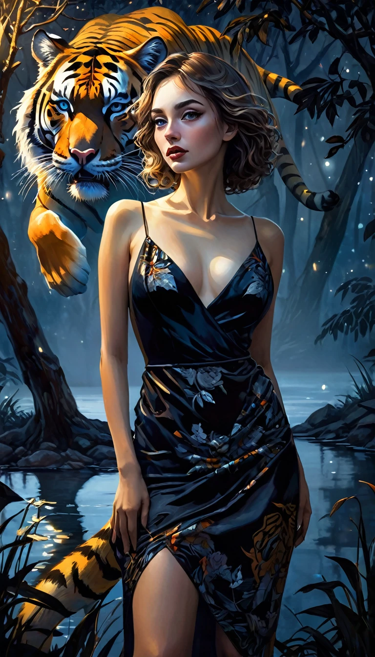 sexy girl and her pet tiger, sexy dress, next to a lake, a tree, a magical night with stars, loving eroticism, sexy, black and white image, between shadows, oil painting, chiaroscuro, sensual, dramatic lighting, moody atmosphere, photorealistic, intricate details, masterpiece, ultra-detailed, high quality, 8k, best quality, realistic, cinematic, dark and brooding, expressionistic, powerful composition, emotional impact, (best quality, 4k, 8k, high resolution, masterpiece: 1.2), ultra-detailed, (realistic, photorealistic, photorealistic: 1.37), details intricate, vivid colors, sharp focus, professional, Dave McKean artwork, surrealism oil touch, oil painting style, portrait, woman, beautiful detailed eyes, beautiful detailed lips, dreamy atmosphere, shadow play, lighting soft, fun pose, dark tones, ethereal background, fantasy elements, texture, layered composition., art inspired by Bill Sienkiewicz and Dave McKean