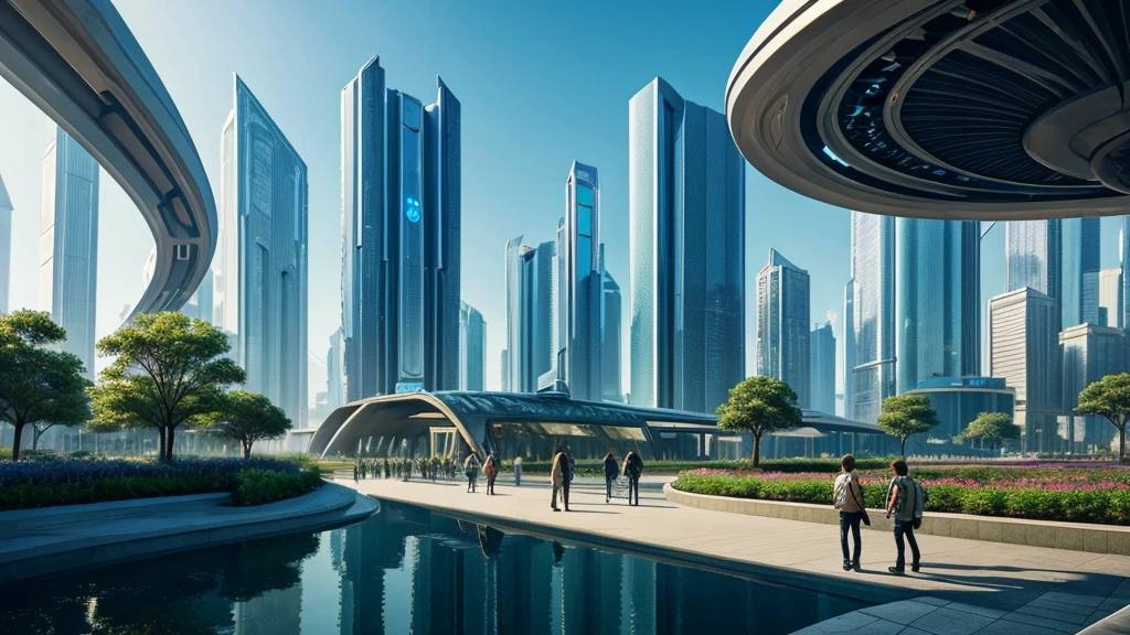 scifi, beautyful futuristic park, architectual, organic skyscraper, cyberpunk, futuristic, lake, people, hightech, hard-surface design, daylight, much tech, much electronic, very cozy, ambient light, realistic view, wide angle, year 2224