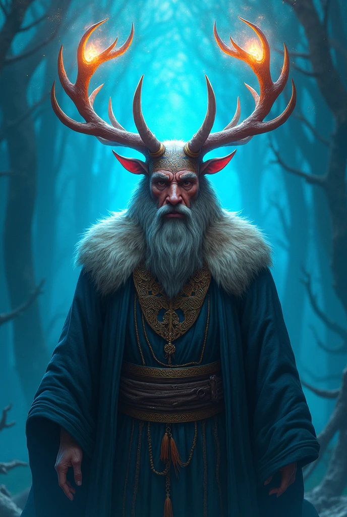 Cernunnos deity blue background and lights on his horns