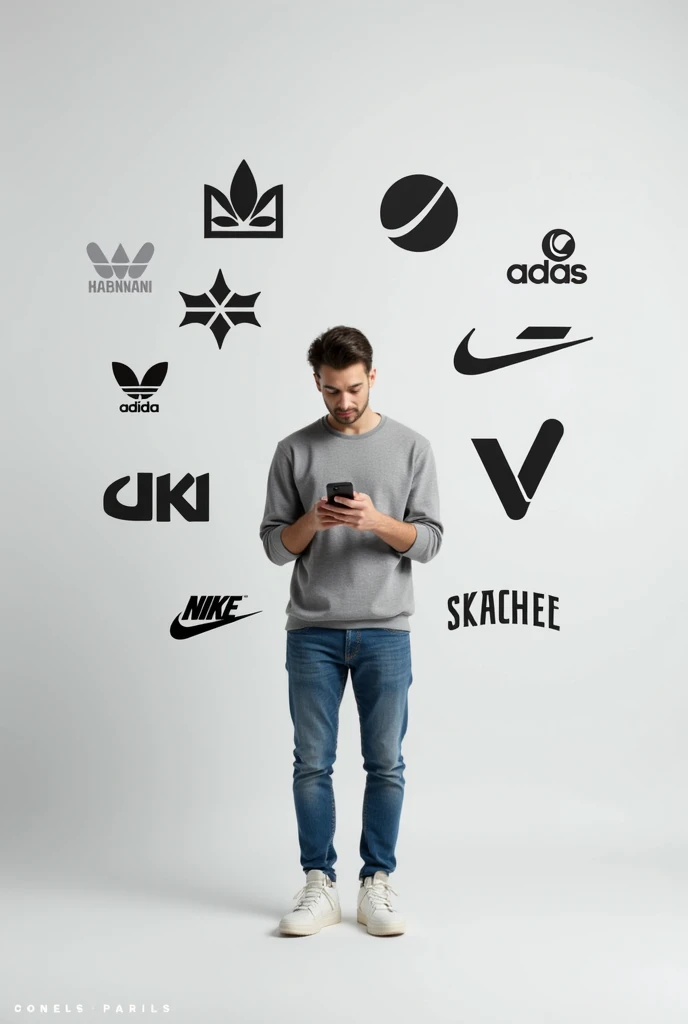 I want 16:9 vertical banner which background is light gray. there are many logos of clothes and footwear brands and a 24 year old boy use mobile phone