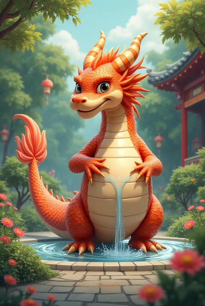 A dragon with a big and elastic belly stands in the garden with a hose in its anus , and he likes it, how water flows into it, and his belly gets bigger, what makes him blush, all in chinese style, and a dragon in a fluffy style